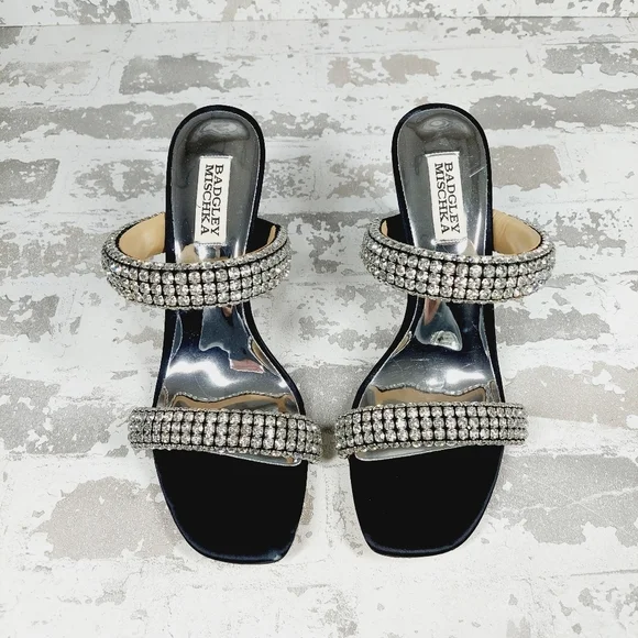 New Badgley Mischka Sade Black Rhinestone Strap Heeled Sandals K1023 - Picture 8 of 11